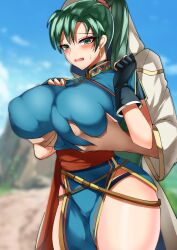 1boy 1girls 1other absurdres alternate_breast_size bangs bare_thighs black_gloves black_panties blush breast_grab breasts clothed clothed_breasts cowboy_shot deep_skin double_breast_grab earrings embarrassed fingerless_gloves fire_emblem fire_emblem:_the_blazing_blade fire_emblem_heroes gloves grabbing grabbing_from_behind green_eyes green_hair groping groping_from_behind highres hips hourglass_figure huge_breasts jewelry kiran_(fire_emblem) lyn_(fire_emblem) nintendo open_mouth panties pelvic_curtain ponytail sweat tea_texiamato thick_thighs thighs tiamat_(momokuri_mannen) underwear wide_hips