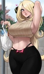 1girls 2022 alternate_breast_size arm_up armpits blonde_hair blonde_hair_over_one_eye breasts clothed clothed_female cynthia_(pokemon) echosaber female hair_ornament hair_over_one_eye hi_res highleg hips holding_object huge_breasts human lips long_blonde_hair long_hair looking_at_viewer midriff nintendo outdoors pale_skin pink_lips pokemon pokemon_dppt public sideboob slim_waist solo thick_lips thick_thighs thighs wide_hips