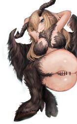 1girls animal_feet anus arms_behind_head arms_up ass baphomet_(black_souls) bar_censor black_fur black_horns black_souls black_wings blonde_hair blush body_fur bottomless breasts censored earrings ears_down eyelashes female fur goat_horns goat_legs hair_over_one_eye highres hoop_earrings hooves horizontal_pupils horns jewelry light_blue_eyes long_hair looking_at_viewer medium_breasts midriff parted_lips pentagram pointy_ears pussy ropeperson simple_background solo thighs twisted_torso white_background wings