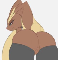 2022 animal_humanoid anthro arteficialtrees ass bent_over big_butt big_ears blush clothed clothing digital_media_(artwork) edit eyebrows eyelashes female fur fur_thick_thighs fur_thigh_highs furry furry_only genitals half-closed_eyes legwear looking_at_viewer looking_back looking_back_at_viewer lopunny mostly_nude narrowed_eyes nintendo partially_clothed pokémon_(species) pokemon pokemon_(species) presenting presenting_hindquarters presenting_pussy pussy rear_view scut_tail short_tail simple_background sketch solo tail video_games