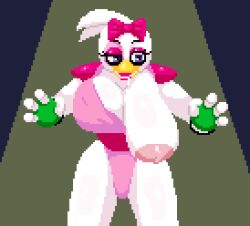 big_breasts clothed clothing drooling eyelashes eyeshadow female female_focus female_only five_nights_at_freddy's five_nights_at_freddy's:_security_breach fnaf furry glamrock_chica_(fnaf) gloves headgear headwear large_areolae large_breasts lipstick looking_at_breasts one_breast_out pixel_art purple_hair ribbon shiny_skin simple_background spinneborg spotlight suit tagme thighs white_body