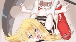 1boy 1girls angels_of_death blue_eyes blush clothed_rape cum duo female female/male female_penetrated isaac_foster male male_penetrating male_penetrating_female open_mouth rachel_gardner rape satsuriku_no_tenshi semen straight sweat yellow_hair