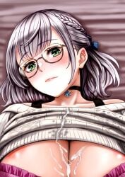 absurdres ahoge areola_slip areolae bed_sheet bespectacled black_choker blue_ribbon blush bra bra_pull braid breasts choker cleavage closed_mouth clothes_lift clothes_pull commentary cum cum_on_body cum_on_breasts cum_on_clothes eyebrows_visible_through_hair eyelashes female french_braid frilled_bra frills glasses green_eyes grey_sweater hair_ribbon highres hololive hololive_fantasy hololive_japan large_breasts light_smile lips looking_at_viewer lying off-shoulder_sweater off_shoulder official_alternate_costume on_back pink_bra portrait ribbed_sweater ribbon semi-rimless_eyewear shirogane_noel short_hair silver_hair smile snowflake_choker solo sweater sweater_lift underwear virtual_youtuber zabudog777