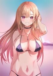 1girls absurdres bangs bikini blush breasts choker cleavage curvy earrings gyaru highres jewelry kitagawa_marin large_breasts light-skinned_female light_brown_hair light_skin long_hair looking_at_viewer navel necklace nonbire purple_eyes smile solo sono_bisque_doll_wa_koi_wo_suru swimsuit