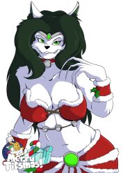 anthro breasts christmas christmas_clothing claws clothed clothing fangs felid feline female fur gem green_eyes green_hair hair hi_res holidays mammal nephtys_ma'at partially_clothed solo white_body white_fur yawg