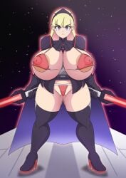 1girls am_(star_wars) areola_slip areolae big_breasts bikini bikini_bottom bikini_top blonde_hair blush breasts breasts_out exposed_breasts female female_only headdress high_heel_boots high_heels holding_sword holding_weapon huge_breasts long_hair nipple_bulge purple_eyes s1-14 star_wars star_wars_visions sword thick_thighs voluptuous weapon