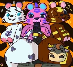 1boy 2022 3girls animal_crossing anthro bangle_(animal_crossing) bianca_(animal_crossing) big_ass big_breasts cartoony claudia_(animal_crossing) death_by_snoo_snoo fellatio foursome heart-shaped_pupils hot_dogging klutzatdusk lipstick lipstick_mark lipstick_on_penis male_pov nintendo oral partial_male smeared_lipstick straight tailjob tongue tongue_out weldon_(animal_crossing)