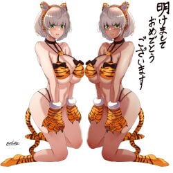 2girls :d animal_ears animal_hands animal_print bangs bare_shoulders bikini blush breasts card cleavage dark-skinned_female dark_skin eyebrows_visible_through_hair fake_animal_ears female female_only gloves green_eyes highres kneehighs looking_at_viewer multiple_girls navel nohito open_mouth original paw_gloves paws playing_card short_hair smile socks swimsuit tail tiger_ears tiger_print tiger_tail year_of_the_tiger