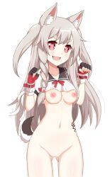 animal_ears azur_lane bottomless breasts clothes_lift fingerless_gloves gloves highres no_panties ohno pussy shirt_lift tail thigh_gap uncensored wolf_ears wolf_girl wolf_tail yuudachi_(azur_lane)