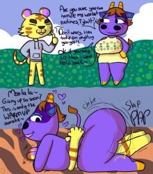 2022 animal_crossing big_ass bovine breast_smother bubble_butt comic cowgirl_position death_by_snoo_snoo furry hourglass_figure huge_ass instant_loss_2koma klutzatdusk nintendo petunia_(animal_crossing) smothering smug tiger tybalt_(animal_crossing)