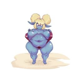 bbw belly big_belly big_breasts bikini blonde_hair blue_skin chest_hair embarrassed fat fat_female female female_chest_hair grindaviking happy_trail huge_belly huge_breasts league_of_legends nipples obese poppy pubic_hair shortstack strongfat yordle