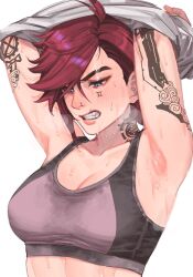 absurd_res arcane arcane_vi armpits arms_behind_head arms_up blush breasts cleavage female female_focus hi_res highres league_of_legends medium_breasts noriuma nose_piercing piercing red_hair shiny shiny_skin short_hair simple_background solo sports_bra sweat tattoo teeth tomboy undressing upper_body vi wet wet_clothes white_background