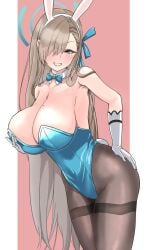 1girls 2021 asuna_(blue_archive) asuna_(bunny)_(blue_archive) bare_shoulders big_breasts blue_archive bow breast_hold breasts bunny_ears bunny_tail detached_collar eyebrows eyelashes female female_focus female_only gloves hair_over_one_eye hand_on_ass hand_on_own_ass highleg_leotard holding_breast holding_own_breast kikiririririnn kisoson leotard looking_at_viewer mole mole_on_breast pantyhose pink_background playboy_bunny simple_background smile smiling solo solo_female standing thighs white_gloves