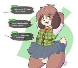 absurd_res animal_crossing animal_crossing_new_leaf anthro balls brown_body brown_fur canid canine canis clothed clothing crossdressing dialogue digby_(animal_crossing) digital_drawing_(artwork) digital_media_(artwork) domestic_dog dress english_text feminine feminine_male femsub freeballing fur genitals girly girly_boy hi_res male male_only mammal maynara nintendo no_underwear penis ribbons shih_tzu simple_background sissy solo teeth text thick_thighs tongue toy_dog trap video_games wide_hips