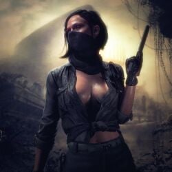 3d black_hair breasts call_of_duty call_of_duty_black_ops_cold_war flickytuts gloves gun helen_park_(cod) looking_away mask navel shirt sweat