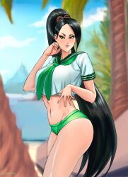 1girls black_hair crop_top earrings female female_only green_eyes hotpants juiceofyellow long_hair looking_at_viewer nail_polish navel outside ponytail sage_(valorant) short_shorts shorts smile solo valorant