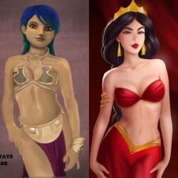 aladdin crossover dark-skinned_female dark_skin disney disney_princess disney_xd dress evil_queen_jasmine lucasfilm pale-skinned_female pale_skin persian_clothing persian_female princess_jasmine red_clothing revealing_clothes sabine_wren slave_dress star_wars star_wars_rebels teasing