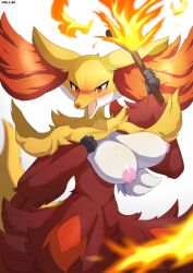 anthro big_breasts blush breasts canid canine delphox female fire fur hi_res inner_ear_fluff kemono mammal ne_i_ro nintendo nipples pokémon_(species) pokemon solo tuft video_games