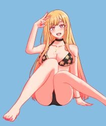 bathing_suit big_breasts blonde_hair blue_background breasts ear_piercing feet gyaru jewelry kitagawa_marin long_hair nail_polish necklace open_mouth red_eyes red_outline simple_background sono_bisque_doll_wa_koi_wo_suru thighs toenail_polish toes