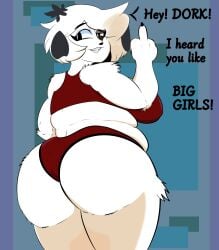 anthro ass big_ass big_breasts big_butt breasts canid canine canis chubby clothed clothing dialogue dog english_text female fur furry furry_only middle_finger overweight overweight_female pepper_(puppychan) puppychan sackinout tail text thick_thighs white_fur