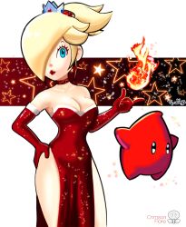 1girls blue_eyes breasts choker cleavage crown elbow_gloves fire fire_flower hand_on_hip lipstick looking_at_viewer luma mario_(series) nintendo ponytail princess_rosalina red_dress red_lipstick side_slit smile super_mario_galaxy ty_wilgs