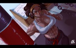 1girls abs athletic athletic_female bed bedroom breasts brown_hair clothing glowing_eyes indoors mentari_(phoebus_art) muscular muscular_female phoebus_art punching_bag red_eyes solo solo_female training