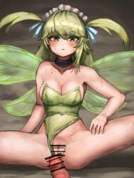 :3 bangs bar_censor bare_arms bare_shoulders black_souls blue_ribbon blush breasts bright_pupils censored cleavage clothing_aside collar collarbone covered_navel eyebrows_visible_through_hair fairy fairy_wings female green_eyes green_leotard green_pupils green_wings grimm_(black_souls) hair_between_eyes hair_ribbon highres imminent_penetration imminent_vaginal leaf_(black_souls) leotard leotard_aside light_green_hair long_hair maid_headdress medium_breasts open_mouth penis pointy_ears pussy ribbon ropeperson spread_legs strapless strapless_leotard thighs two_side_up wings