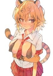 animal_ear_fluff animal_ears bangs bengal_tiger_(kemono_friends) bikini bikini_top black_bikini blonde_hair breasts breasts_out brown_eyes commentary_request cowboy_shot eyebrows_visible_through_hair female hair_between_eyes highres kemono_friends large_breasts looking_at_viewer miniskirt necktie plaid plaid_skirt pleated_skirt red_necktie red_neckwear red_skirt shirt short_hair short_sleeves simple_background skirt smile solo standing striped striped_necktie striped_neckwear sweat swimsuit tail tiger_ears tiger_tail tsukeo white_background white_shirt