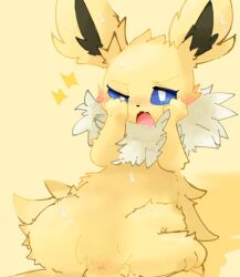 ambiguous_gender anus blue_eyes blush bodily_fluids colored drooling eeveelution embarrassed feral fluffy fur jolteon lighting_bolt long_ears lying netchy_boo nintendo on_back open_mouth paws pokémon_(species) pokemon saliva simple_background solo sweat video_games yellow_body yellow_fur