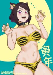 1girls ascari_megane_(aurahack) aurahack bandeau bikini body_freckles breasts brown_hair brunette cat_ears chinese_text cleavage clothing collar female female_only heterochromia nekomimi nose_bandage painted_nails short_hair solo solo_female thick_thighs thighs tiger_print year_of_the_tiger