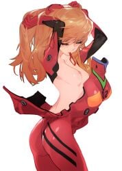 1girls adjusting_hair asuka_langley_sohryu bodysuit breasts closed_eyes clothing edit female female_focus female_only grandialee long_hair neon_genesis_evangelion plugsuit red_hair small_breasts solo solo_female undressed