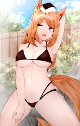 absurdres animal_ear_fluff animal_ears arknights armpits arms_behind_back bangs bare_shoulders bikini black_bikini black_headwear blurry blurry_background blush breasts cameltoe cleavage collarbone covered_erect_nipples cowboy_shot female female highres horse_ears horse_girl horse_tail kneeling large_breasts long_hair looking_away navel onsen open_mouth samip smile solo swept_bangs swimsuit tail underboob whislash_(arknights)