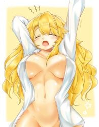 areola_slip areolae arms_up bangs blonde_hair blush breasts breasts_apart closed_eyes commentary_request dress_shirt eyebrows_visible_through_hair eyelashes female long_hair long_sleeves marisa_kirisame messy_hair midriff naked_shirt navel no_panties open_clothes open_mouth open_shirt poke200 saliva shirt sleepy stomach sweat tears touhou very_long_hair waking_up white_shirt yawning yellow_background