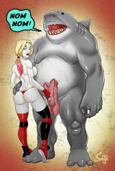 1boy 1girls ass batman_(series) big_ass blonde_hair dc dc_comics dc_extended_universe diphallia diphallism english_text female female_focus functionally_nude functionally_nude_female harley_quinn interspecies king_shark larger_male looking_at_viewer low_ponytail male male_anthro medium_breasts multi_penis multicolored_hair nude nude_male panties penis red_highlights red_lipstick shark shark_humanoid sideboob smaller_female sorje stroking stroking_penis text the_suicide_squad thighhighs thong white_skin