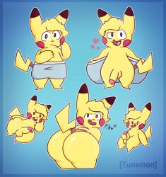 anthro ass balls big_butt bodily_fluids cum digital_drawing_(artwork) digital_media_(artwork) english_text erection fur genital_fluids genitals hair hi_res looking_at_viewer male masturbation nintendo nude open_mouth penis pikachu pokémon_(species) pokemon shaded simple_background smile solo solo_male text tunemon video_games