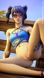 3d 3d_(artwork) black_hair blender blender_(software) bottomless brown_eyes crystal_(fortnite) drunken.drigg fortnite glasses pussy scuba_crystal_(fortnite) solo solo_female solo_focus swimsuit swimwear tagme twintails