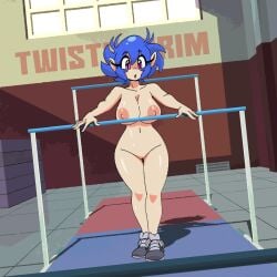 1girls 2d 2d_animation animated ass big_areola big_breasts big_nipples blue_hair breasts casual emi emi_(character) emi_(twistedgrim) female female_only footwear gym huge_breasts medium_hair nipples nude_female oc original original_character pale_skin public pussy solo solo_female twistedgrim