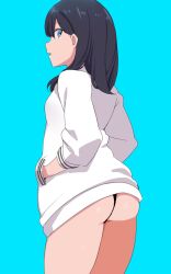 ass bangs black_hair black_panties blue_background blue_eyes blush breasts female gridman_universe hands_in_pockets highres long_hair long_sleeves looking_at_viewer looking_to_the_side manabebebe medium_breasts open_mouth panties simple_background smile solo ssss.gridman sweater takarada_rikka thighs underwear white_sweater