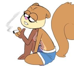 anthro aunt_maire breasts cigarette clothed clothing drpizzaboi1 female mammal nickelodeon nipples rodent sandy_cheeks sciurid smoking solo spongebob_squarepants straight_hair topless