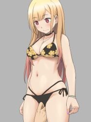 1other bikini black_bikini blonde_hair blush bracelet breasts cleavage cowboy_shot ear_piercing female fingering floral_print gyaru industrial_piercing jewelry kitagawa_marin large_breasts long_hair looking_down multi-strapped_bikini navel piercing red_eyes ring side-tie_bikini sono_bisque_doll_wa_koi_wo_suru swimsuit vierosky