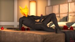 3d_(artwork) anthro balls bed burning_wolf_(fortnite) canid canine canis digital_media_(artwork) epic_games erection flower fortnite furniture genitals hand_on_leg hi_res male male/male mammal mask penis plant rose_(flower) sky_chaser solo solo_focus source_filmmaker video_games wolf