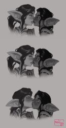 black_and_white earrings goblin goblin_female kissing lesbian_kiss minipeachart piercing romantic smile teasing world_of_warcraft yuri yuri