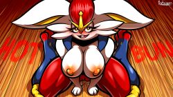 16:9 anthro big_breasts blush bodily_fluids breasts buckteeth cinderace female genital_fluids hi_res looking_at_viewer nintendo pokémon_(species) pokemon protagon pussy_juice pussy_peek solo teeth video_games widescreen