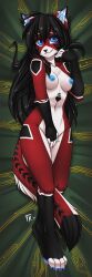 2017 android anthro ara_(fluff-kevlar) black_hair blue_eyes breasts cat_ears cat_tail domestic_cat felid feline felis female fluff-kevlar fur furry furry_ears furry_tail mammal nipples original red_fur white_fur