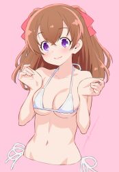 bikini breasts brown_hair closed_mouth collarbone commentary_request copyright_request eyebrows_visible_through_hair female female highres kazuma_muramasa looking_at_viewer medium_breasts navel pink_background purple_eyes red_ribbon ribbon short_hair side-tie_bikini smile solo stomach swimsuit white_bikini