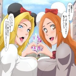 bleach blonde_hair blue_eyes brown_eyes check_translation comic_page disney disneyland heart heart_hands heart_hands_duo inoue_orihime iwao178 japanese_text large_breasts matsumoto_rangiku mouse_ears open_mouth orange_hair red_hair symmetrical_docking translated