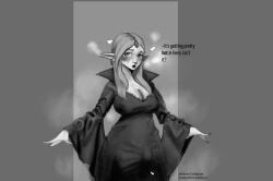 1futa big_breasts breasts bulge centipedemc cleavage clothed clothing dialogue dress elf fully_clothed futa_only futanari greyscale hair_ornament humanoid long_sleeves masturbation monochrome penis solo sweat sweatdrop sweating text vampire