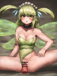 :<> bangs bar_censor bare_arms bare_shoulders black_souls blue_ribbon blush breasts bright_pupils censored cleavage clothing_aside collar collarbone covered_navel eyebrows_visible_through_hair fairy fairy_wings female green_eyes green_leotard green_pupils green_wings grimm_(black_souls) hair_between_eyes hair_ribbon highres leaf_(black_souls) leotard leotard_aside light_green_hair long_hair maid_headdress medium_breasts penis pointy_ears pussy ribbon ropeperson sex spread_legs straight strapless strapless_leotard thighs two_side_up vaginal_penetration wings