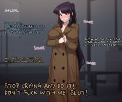 ! !! 1girls ? ?!! alternate_breast_size black_eyes black_hair curvaceous curvy curvy_body curvy_female curvy_figure english_text hi_res highres huge_breasts human komi-san_wa_komyushou_desu komi_shouko large_breasts long_coat long_hair male ntr offscreen_male poper prostitution text thick_thighs voluptuous