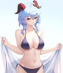 ahoge amco bare_shoulders bikini blue_hair breasts brown_eyes cleavage closed_mouth collarbone cowboy_shot eyebrows_visible_through_hair female female ganyu_(genshin_impact) genshin_impact gradient gradient_background groin hair_between_eyes halter_top halterneck highres holding holding_towel horns large_breasts light_frown looking_ahead looking_away lowleg lowleg_bikini medium_hair navel open_towel sidelocks swimsuit towel tsurime